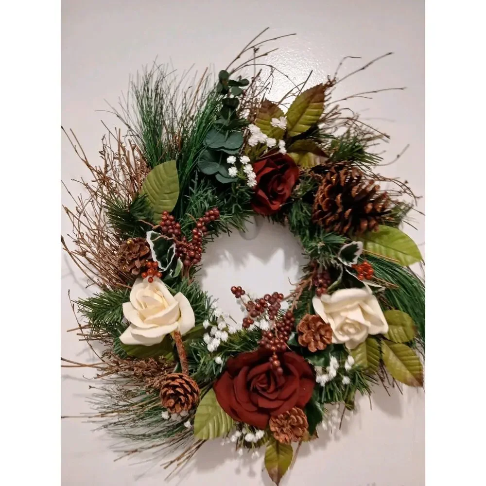 Winter Door Wreath Elegant Victorian ROSES Holiday Decor Christmas Arrangement‎